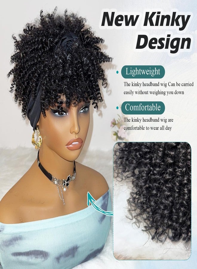 DEYNGS Headband Wig Afro Kinky Headband Wig with Bangs for Women Black Head Wrap 2 in 1 for Women Curly Full Scarf Wigs Synthetic Short Afro Kinky Afro High Puff Wig - Image 2
